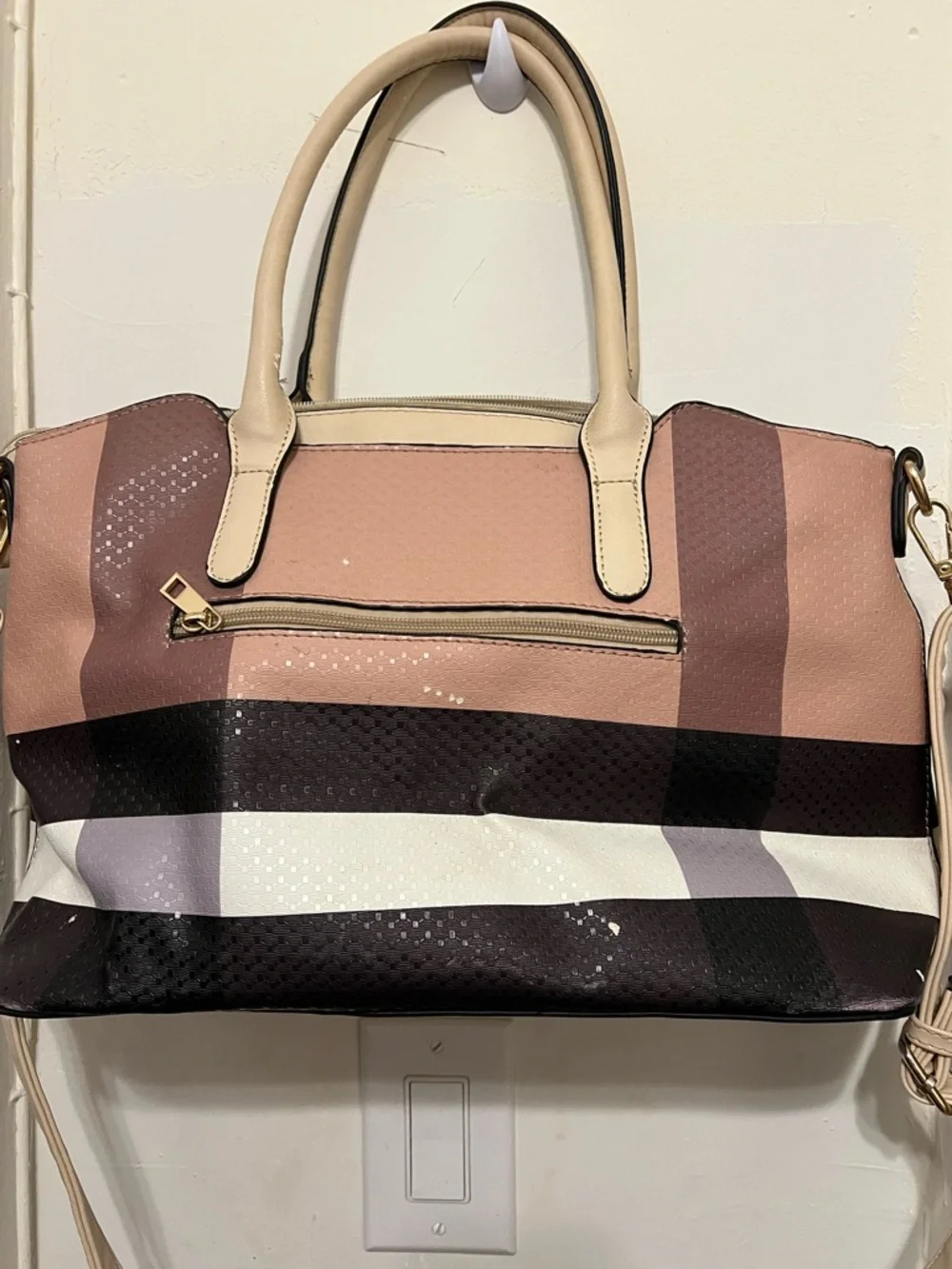 Stunning Beige & Pink Check Top-Handle Tote